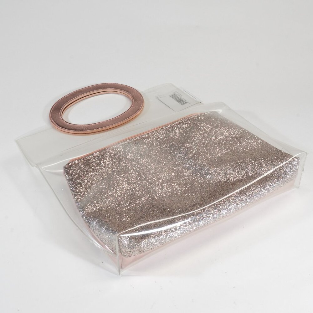 Macy's Clear PVC Metallic Pink Tote Bag with Glittered Inner Zipped Pouch